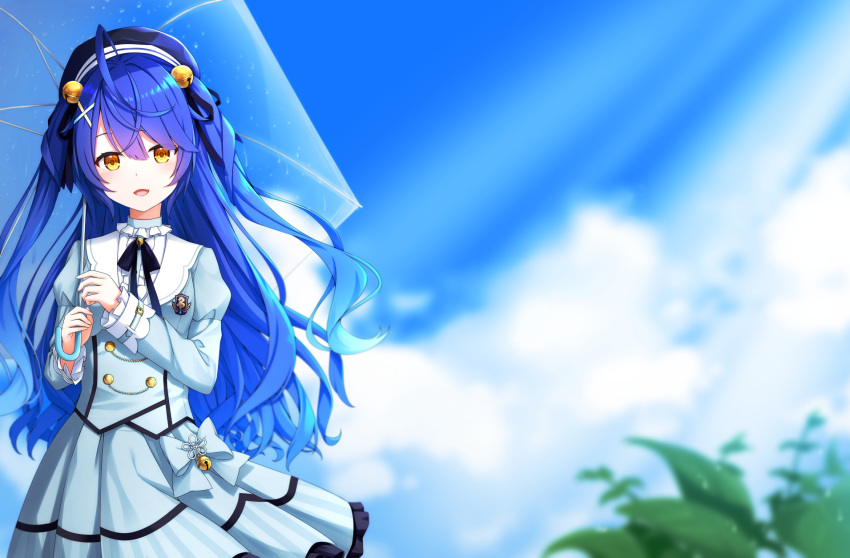 1girl :d amamiya_kokoro aoi_thomas bangs bell beret black_ribbon blue_hair blue_headwear blue_sky blurry blurry_background bow brown_eyes center_frills clouds commentary_request day depth_of_field eyebrows_visible_through_hair frills gradient_hair grey_bow grey_jacket grey_skirt hair_bell hair_between_eyes hair_ornament hair_ribbon hairclip hat highres holding holding_umbrella jacket jingle_bell juliet_sleeves long_hair long_sleeves looking_at_viewer multicolored_hair neck_ribbon nijisanji open_mouth outdoors pleated_skirt puffy_sleeves ribbon shirt skirt sky smile solo transparent transparent_umbrella two_side_up umbrella very_long_hair virtual_youtuber white_shirt x_hair_ornament yellow_eyes