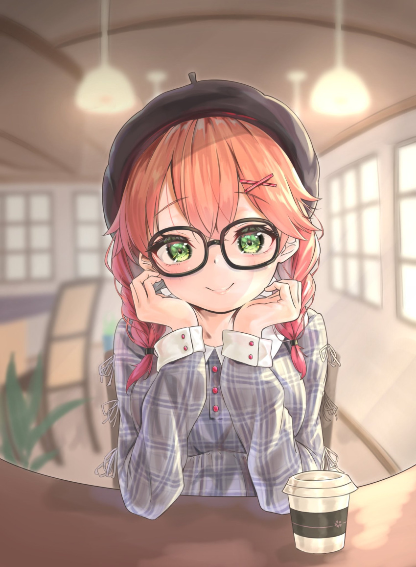 1girl alternate_costume black-framed_eyewear braid buttons cherry_blossom_print coffee_cup cup disposable_cup floral_print glasses green_eyes hands_on_own_cheeks hands_on_own_face hanging_light highres hololive indoors kiaoekakishitai long_sleeves looking_at_viewer pink_hair sakura_miko smile solo table virtual_youtuber window