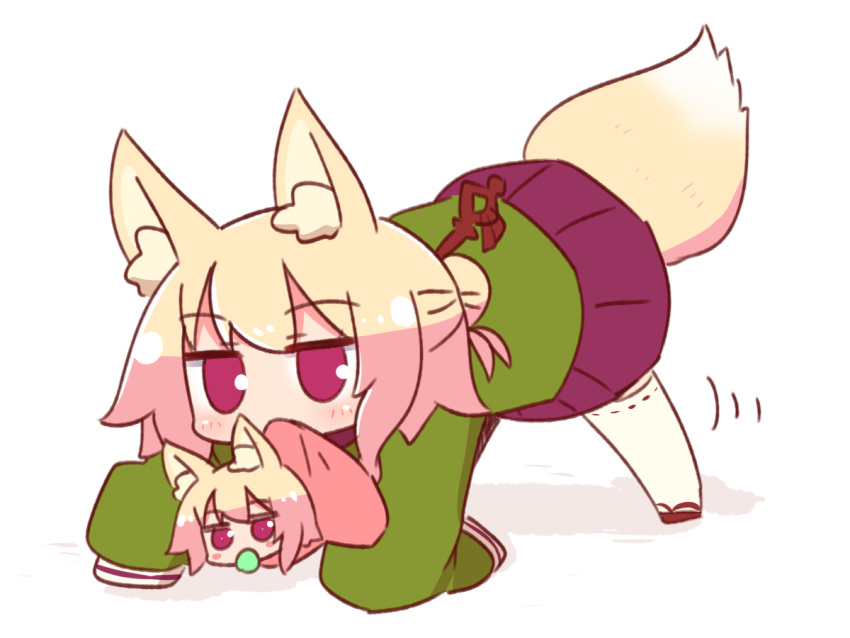 2girls animal_ear_fluff animal_ears baby bangs blonde_hair blush blush_stickers commentary_request eyebrows_visible_through_hair fox_ears fox_girl fox_tail full_body green_shirt hair_bun hair_ornament kemomimi-chan_(naga_u) long_hair long_sleeves looking_at_viewer mouth_hold multiple_girls naga_u original pacifier pleated_skirt purple_skirt red_eyes ribbon-trimmed_legwear ribbon_trim shadow shirt sidelocks skirt sleeves_past_fingers sleeves_past_wrists tail thigh-highs white_background white_legwear