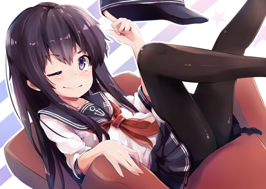 1girl akatsuki_(kantai_collection) anchor_symbol badge black_hair black_headwear black_sailor_collar black_skirt couch dutch_angle feet_out_of_frame flat_cap hair_between_eyes hat hat_removed headwear_removed highres kantai_collection long_hair looking_at_viewer neckerchief one_eye_closed pantyhose pleated_skirt red_neckwear sailor_collar school_uniform serafuku skirt smile solo taisho_(gumiyuki) violet_eyes