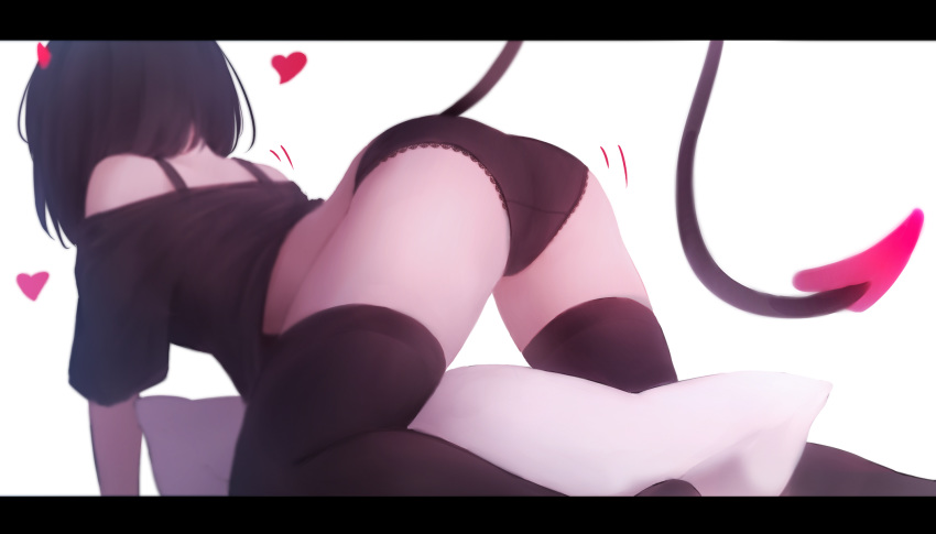 1girl all_fours ass bare_shoulders black_legwear black_panties black_shirt demon_horn demon_horns demon_tail from_behind highres horns original panties shimmer shirt simple_background solo tail thigh-highs underwear white_background