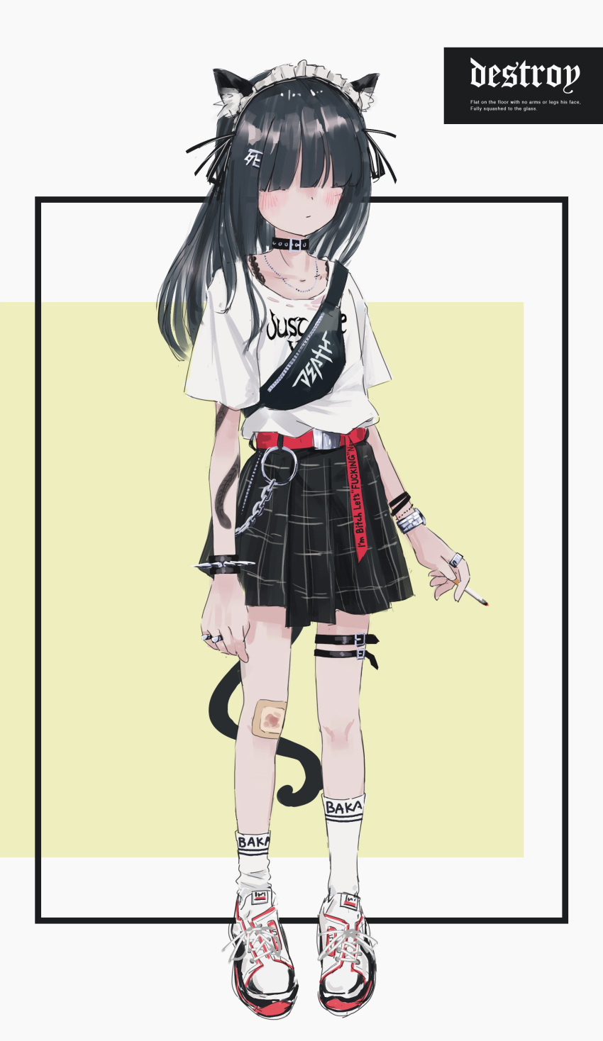 1girl absurdres animal_ears bandaid belt black_hair bow bracelet cat_ears child cigarette collar english_text engrish_text fanny_pack full_body hair_bow hair_ornament hair_over_eyes hairclip highres holding holding_cigarette jewelry long_hair maid_headdress miniskirt multiple_rings nadegata necklace original pleated_skirt ranguage red_belt shirt shoes short_sleeves skirt snake_tattoo socks solo spiked_bracelet spikes tattoo thigh_strap watch watch white_shirt