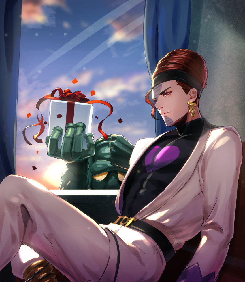 1boy at4190_(user_vzac7788) black_sweater blue_sky brown_eyes brown_hair closed_mouth clouds cloudy_sky coat earrings gift green_curtains highres holding holding_gift indoors jewelry jojo_no_kimyou_na_bouken long_sleeves male_focus osiris_(stand) pants sky solo stand_(jojo) stardust_crusaders sweater terence_t._d'arby turtleneck turtleneck_sweater white_coat white_pants window