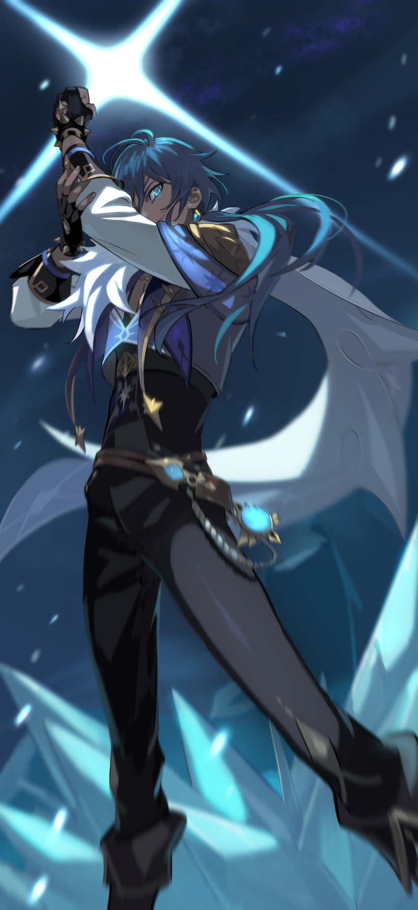 1boy absurdres arm_up belt black_gloves black_pants black_shirt blue_eyes blue_hair brown_belt bum_hico cape closed_mouth feet_out_of_frame fingerless_gloves genshin_impact gloves highres holding_own_arm jacket kaeya_(genshin_impact) long_hair long_sleeves looking_at_viewer male_focus outdoors pants ponytail shirt smile snow solo standing white_cape white_jacket