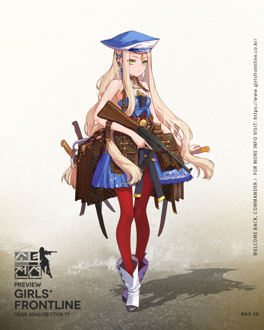 1girl artist_request bag belt blonde_hair blue_dress blue_headwear boots character_name closed_mouth cross dress eyes_visible_through_hair full_body girls_frontline green_eyes gun hair_ribbon hat highres holding holding_gun holding_weapon jewelry knife long_hair mas-38 official_art pantyhose pouch red_legwear ribbon sidelocks sleeveless solo standing sword weapon white_footwear