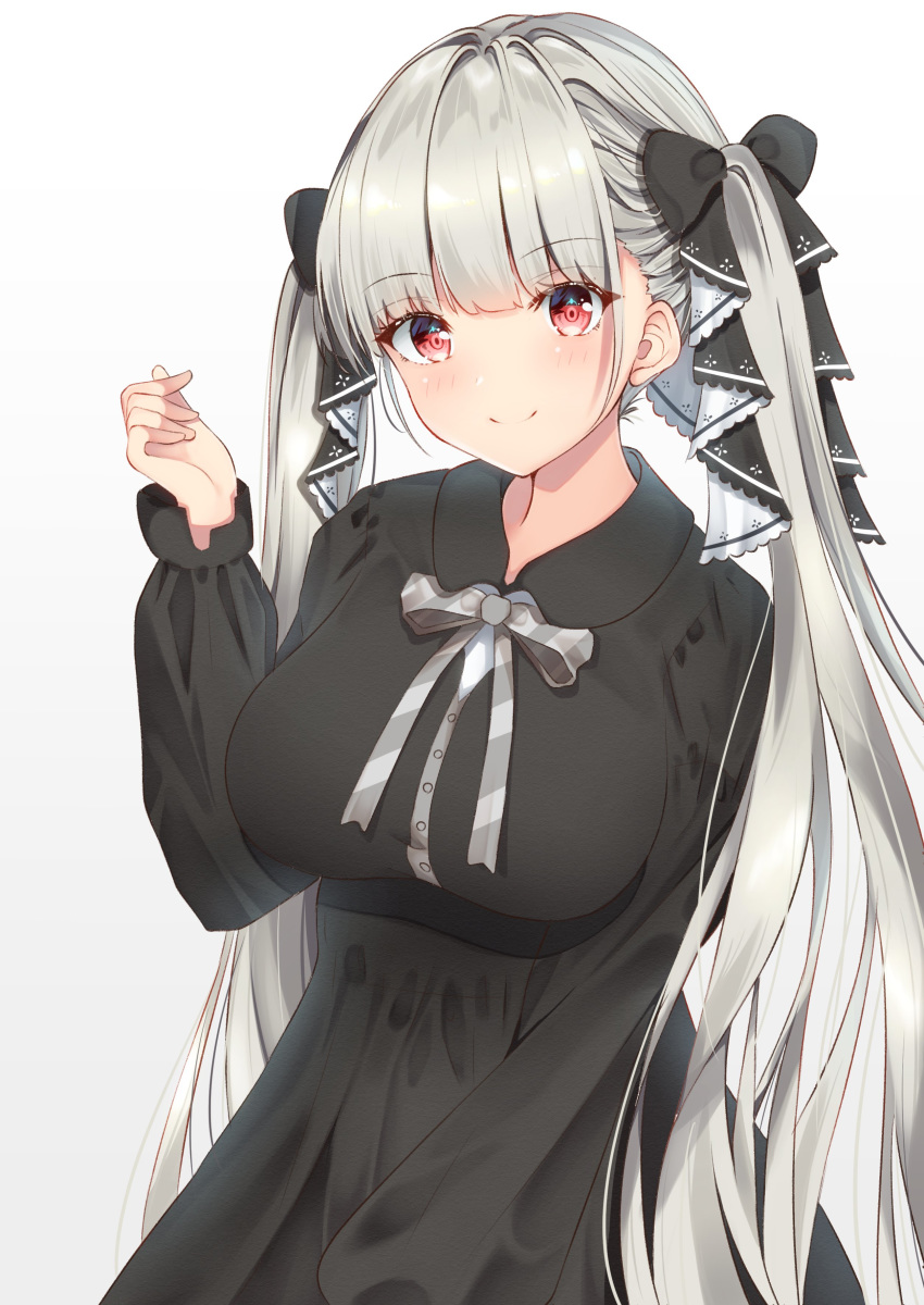 1girl absurdres alternate_costume arm_up ayakura_maki azur_lane black_dress blush breasts dress eyebrows_visible_through_hair formidable_(azur_lane) grey_hair hair_ornament hair_ribbon highres large_breasts long_hair long_sleeves looking_at_viewer neck_ribbon red_eyes ribbon simple_background solo twintails two-tone_ribbon very_long_hair white_background