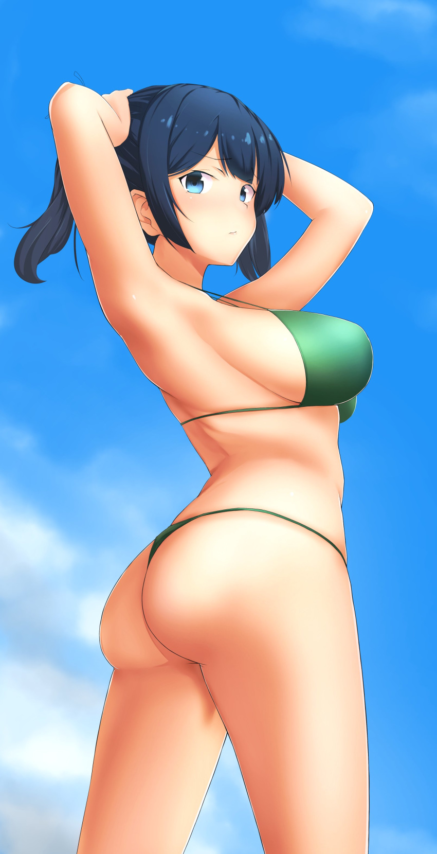 1girl absurdres ass bikini blue_eyes blue_hair blue_sky blush breasts closed_mouth dark_blue_hair day from_behind green_bikini hands_in_hair highres kantai_collection large_breasts looking_at_viewer medium_hair moose_(moosemitchell2) outdoors shiny shiny_hair sideboob sky solo souryuu_(kantai_collection) swimsuit twintails twisted_torso