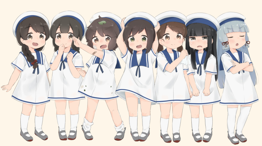 6+girls aoshima_sakana arms_up bandaid bandaid_on_face bangs black_eyes black_hair blue_sailor_collar blush brown_eyes brown_hair closed_eyes closed_mouth commentary_request cosplay crossed_arms crying crying_with_eyes_open dirty_clothes dress eyebrows_visible_through_hair fubuki_(kantai_collection) full_body green_eyes hair_ribbon hands_on_headwear hat hatsuyuki_(kantai_collection) hiburi_(kantai_collection) hiburi_(kantai_collection)_(cosplay) isonami_(kantai_collection) kantai_collection kneehighs leaf leaf_on_head looking_at_viewer low_ponytail miyuki_(kantai_collection) multiple_girls murakumo_(kantai_collection) open_mouth panties pantyshot ribbon sailor_collar sailor_dress sailor_hat shikinami_(kantai_collection) shirayuki_(kantai_collection) shoes short_hair short_sleeves silver_hair simple_background smile socks standing tears tress_ribbon underwear uranami_(kantai_collection) white_dress white_headwear white_legwear white_panties younger