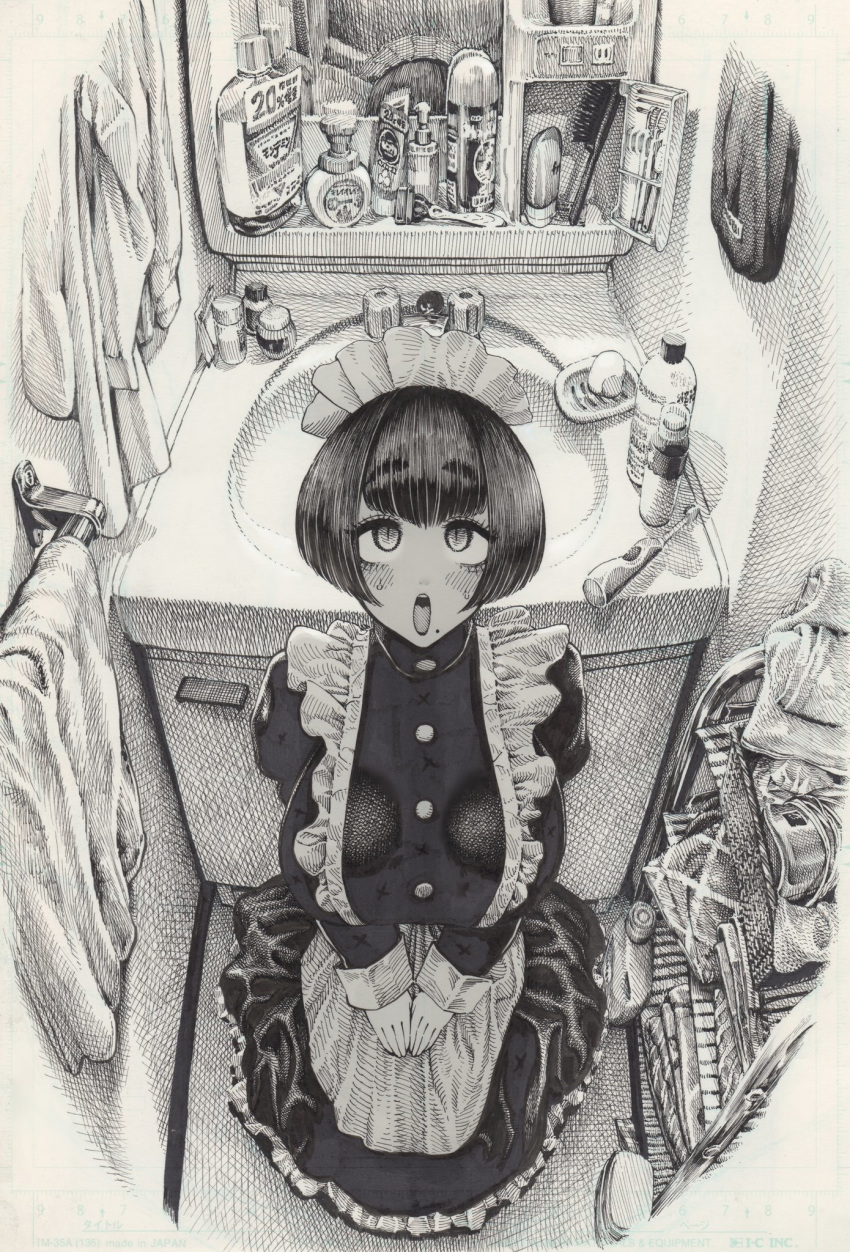 1girl bathroom blush bottle cabinet eyebrows_visible_through_hair greyscale hair_brush hatching_(texture) highres imomonono indoors kneeling lipstick looking_up maid maid_headdress makeup mole mole_under_mouth monochrome mouthwash open_mouth original razor short_hair sink slit_pupils soap solo sweat teeth tongue toothbrush towel upper_body