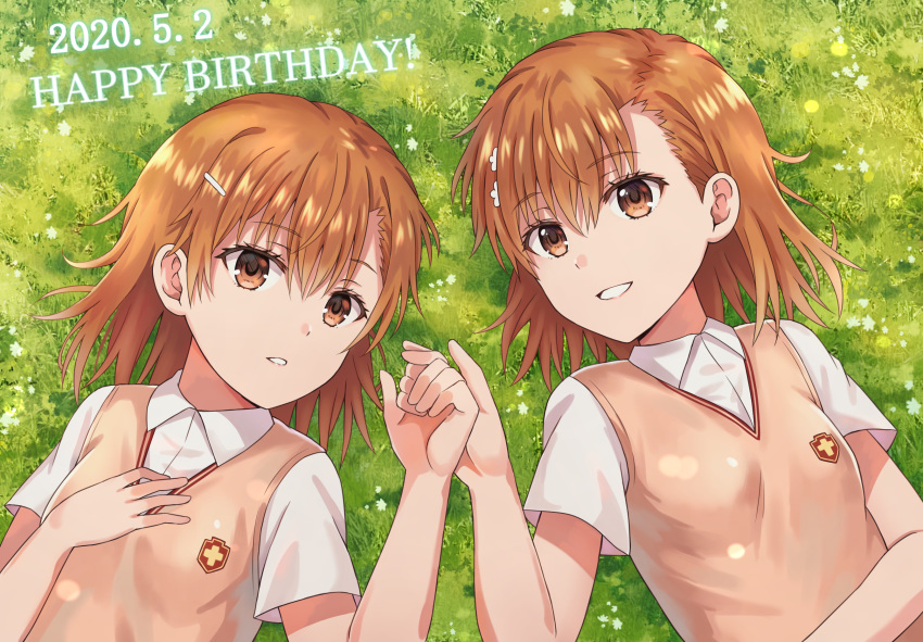2girls :d asymmetrical_bangs bangs bob_cut brown_eyes brown_hair commentary dated dress_shirt flower from_above grass hair_flower hair_ornament hairclip hand_on_own_chest highres holding_hands looking_at_viewer lying misaka_imouto misaka_mikoto multiple_girls on_back open_mouth parted_lips remoa school_uniform shirt short_hair siblings sisters smile to_aru_kagaku_no_railgun to_aru_majutsu_no_index tokiwadai_school_uniform upper_body white_flower white_shirt