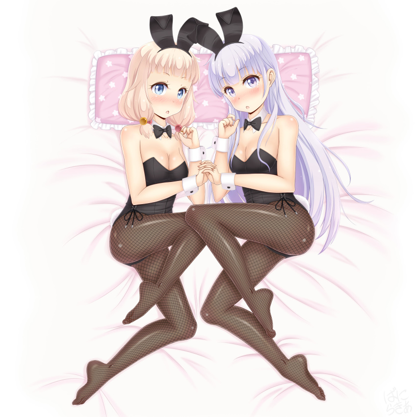 2girls absurdres animal_ears bed black_legwear black_leotard black_neckwear blonde_hair blue_eyes bow bowtie bunny_girl bunny_tail bunnysuit commentary_request detached_collar fishnet_legwear fishnets hair_down highres holding_hands leotard long_hair looking_at_viewer low_twintails lying multiple_girls new_game! on_side pantyhose pillow purple_hair rabbit_ears sainohikari sakura_nene strapless strapless_leotard suzukaze_aoba tail twintails violet_eyes wrist_cuffs