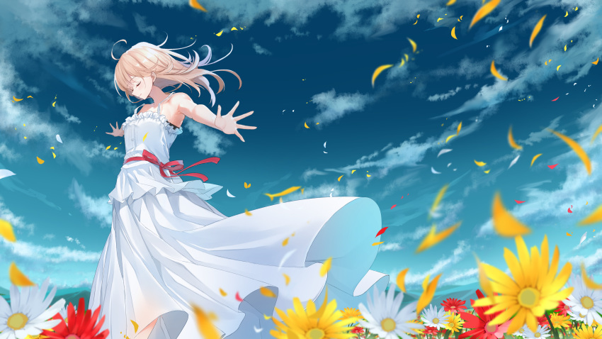 1girl absurdres ahoge bangs bare_arms bare_shoulders blonde_hair breasts closed_eyes commentary_request day dress field flower flower_field highres long_dress long_hair medium_breasts original outdoors red_flower red_ribbon ribbon sleeveless sleeveless_dress smile solo takenoko_27074918 white_dress white_flower yellow_flower