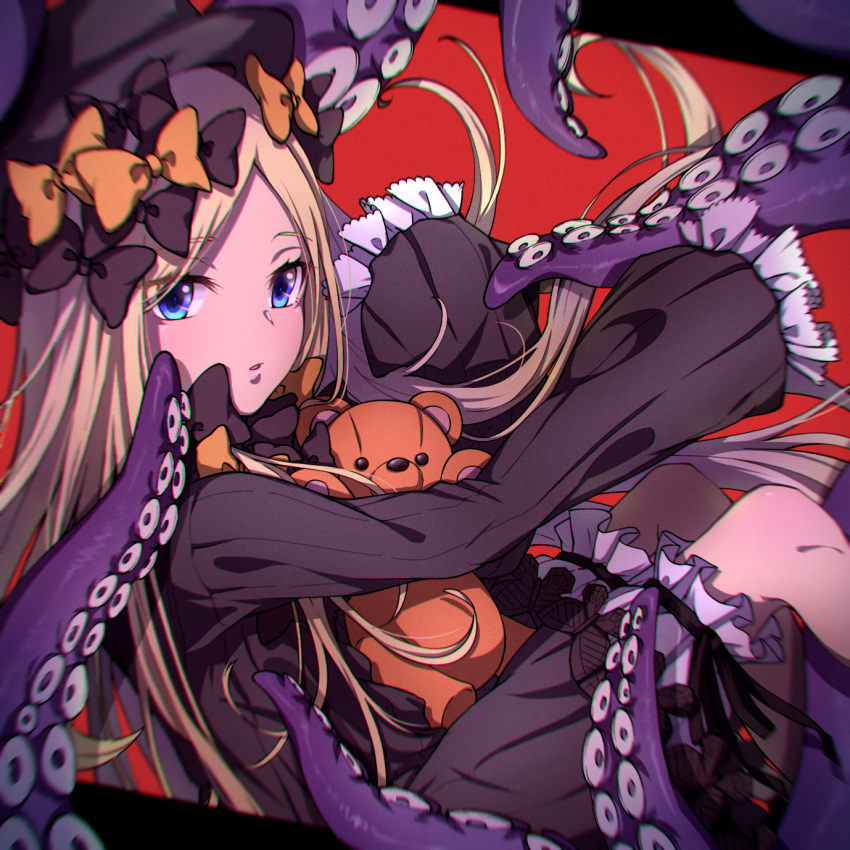 1girl abigail_williams_(fate/grand_order) artist_request bangs black_bow black_dress black_headwear blonde_hair blue_eyes bow breasts dress fate_(series) forehead hair_bow hat highres leaning_back long_hair long_sleeves looking_at_viewer multiple_bows open_mouth orange_bow parted_bangs parted_lips red_background ribbed_dress sitting sleeves_past_fingers sleeves_past_wrists small_breasts stuffed_animal stuffed_toy teddy_bear tentacles white_bloomers