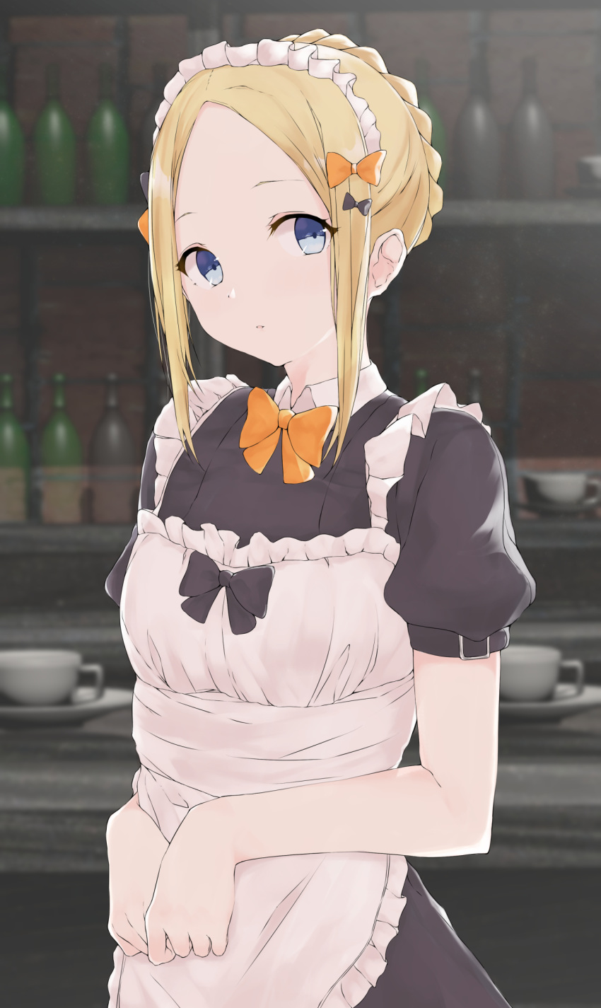 1girl abigail_williams_(fate/grand_order) apron bangs black_bow black_dress blonde_hair blue_eyes bow braid breasts dress fate/grand_order fate_(series) forehead french_braid frills hair_bow highres long_hair looking_at_viewer maid maid_headdress multiple_bows orange_bow parted_bangs parted_lips parusu_(ehyfhugj) puffy_short_sleeves puffy_sleeves short_sleeves sidelocks small_breasts solo white_apron white_bloomers