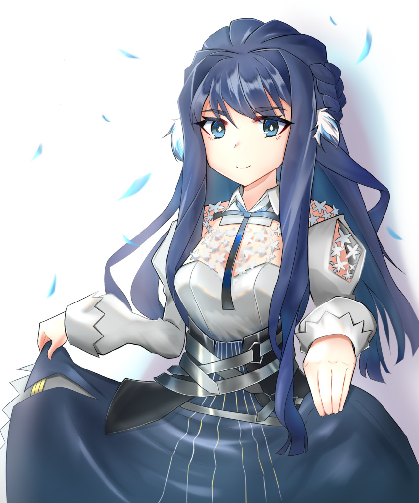 1girl arknights astesia_(arknights) bangs blue_eyes blue_hair blue_neckwear blue_ribbon blue_skirt breasts commentary_request cowboy_shot eyebrows_visible_through_hair grey_shirt highres juliet_sleeves k@bu long_hair long_sleeves looking_at_viewer medium_breasts neck_ribbon partial_commentary puffy_sleeves ribbon shadow shirt simple_background skirt skirt_hold smile solo white_background wing_collar