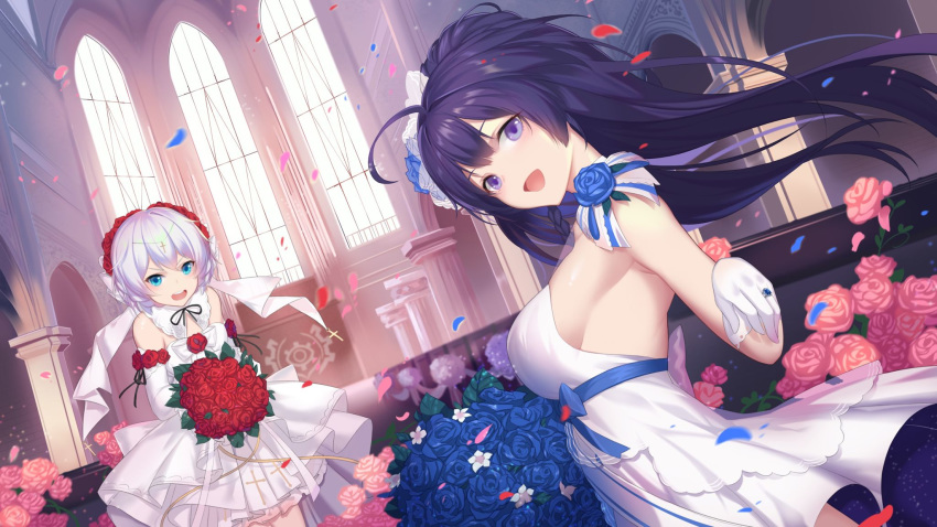 2girls ahoge armpits black_ribbon blue_flower blue_rose blush bouquet breasts bride church commentary_request detached_collar detached_sleeves dress floating_hair flower foreshortening gloves hair_flower hair_ornament highres holding holding_bouquet honkai_(series) honkai_impact_3rd indoors jewelry l.kili latin_cross long_hair looking_at_viewer multiple_girls open_mouth outstretched_hand petals pink_flower pink_rose purple_hair raiden_mei red_eyes red_flower red_rose ribbon ring rose sideboob silver_hair strapless strapless_dress theresa_apocalypse theresa_apocalypse_(luna_kindred) very_long_hair violet_eyes wedding wedding_dress white_dress white_gloves wind window