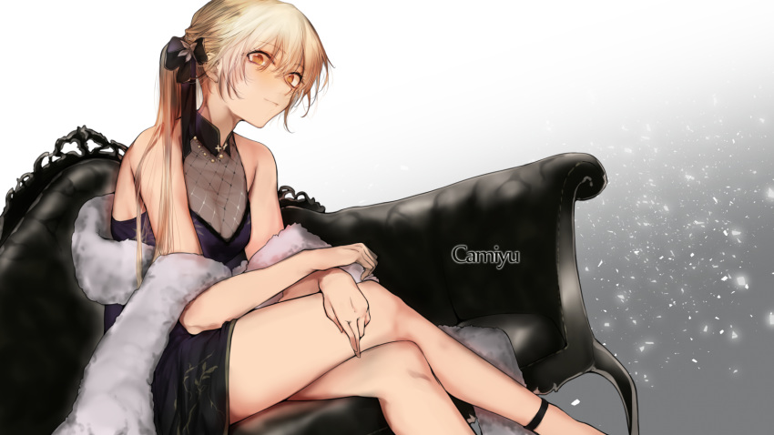 1girl bare_shoulders blonde_hair breasts couch crossed_legs girls_frontline hair_between_eyes hands_on_own_thighs highres kojima_(blue_stardust) long_hair looking_at_viewer ots-14_(girls_frontline) side_ponytail small_breasts smile solo stole yellow_eyes