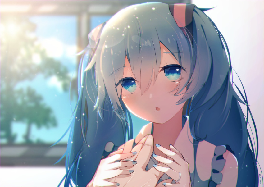 1girl aqua_eyes aqua_hair aqua_neckwear bare_shoulders blurry blurry_background commentary fuyuzuki_gato hair_ornament hatsune_miku highres holding_hands indoors jewelry lens_flare light_particles long_hair looking_at_viewer master_(vocaloid) nail_polish open_mouth pov pov_hands ring shirt sleeveless sleeveless_shirt sunlight tree twintails very_long_hair vocaloid white_shirt window