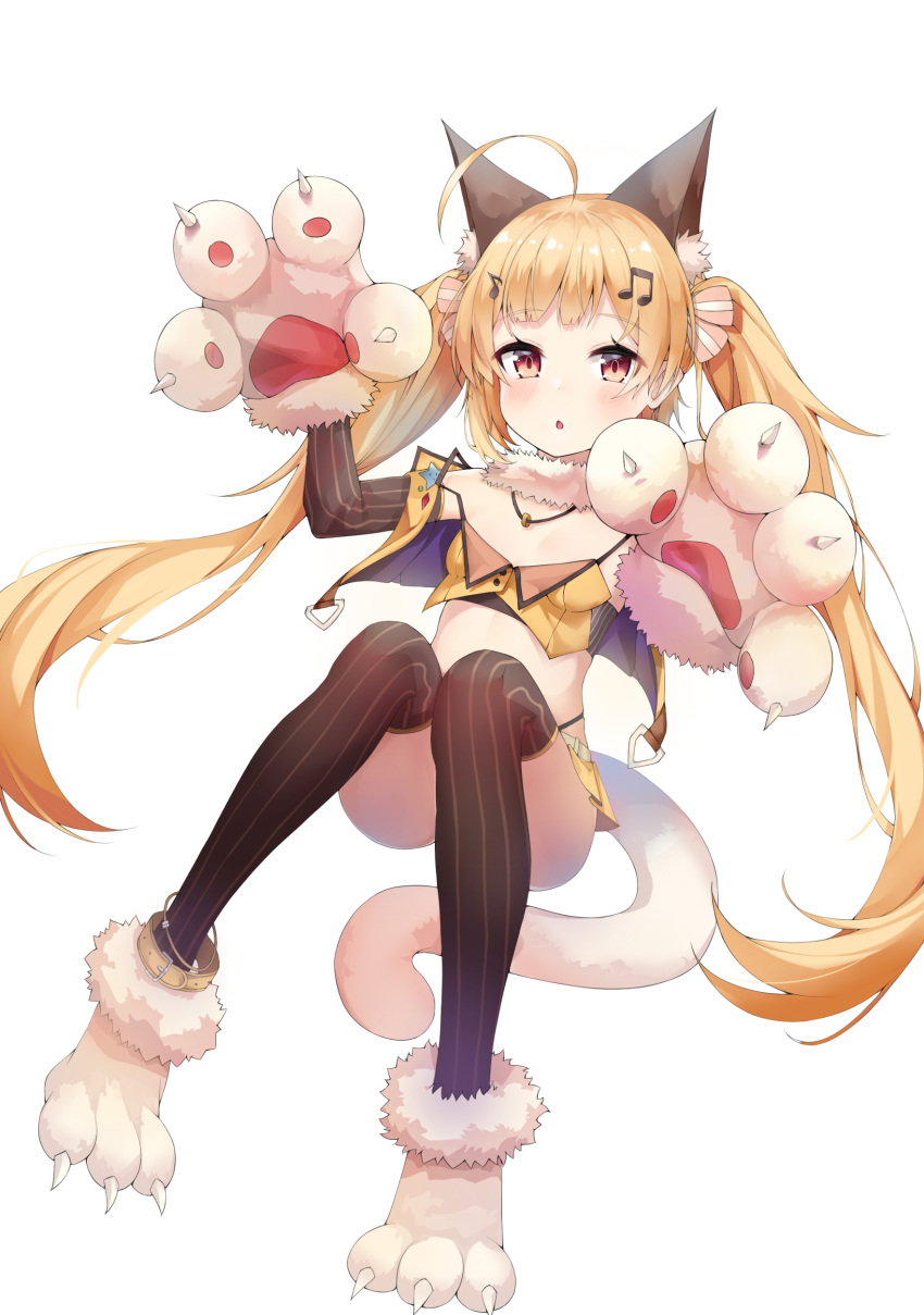 1girl absurdres ahoge animal_ear_fluff animal_ears azur_lane bare_shoulders belt blonde_hair blush breasts cat_ears cat_girl cat_paws cat_tail eldridge_(azur_lane) eldridge_(catgirl_idol?)_(azur_lane) eyebrows_visible_through_hair full_body fur_choker fur_collar gloves hair_between_eyes hair_ornament heart_ahoge highres long_hair looking_at_viewer midriff miniskirt musical_note_hair_ornament navel open_mouth orange_skirt paw_gloves paw_shoes paws red_eyes rui_p shirt shoes simple_background skirt small_breasts solo striped tail thigh-highs twintails very_long_hair white_background white_belt