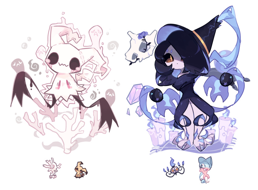 black_eyes black_hair chandelure charamells commentary creature cubone cursola english_commentary full_body fusion gen_1_pokemon gen_5_pokemon gen_7_pokemon gen_8_pokemon hat hatterene highres looking_at_viewer mimikyu multiple_fusions no_humans pokemon pokemon_(creature) simple_background skull white_background witch_hat