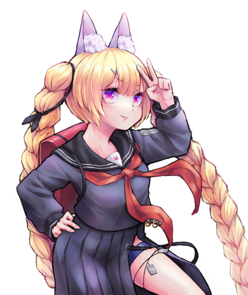 1girl absurdres alternate_costume animal_ear_fluff animal_ears backpack bag blonde_hair braid chuo8008 commentary_request girls_frontline hand_on_hip highres long_hair long_sleeves looking_at_viewer neckerchief parted_lips pleated_skirt randoseru red_neckwear sailor_collar school_uniform serafuku simple_background skirt solo sr-3mp_(girls_frontline) twin_braids twintails v very_long_hair violet_eyes white_background