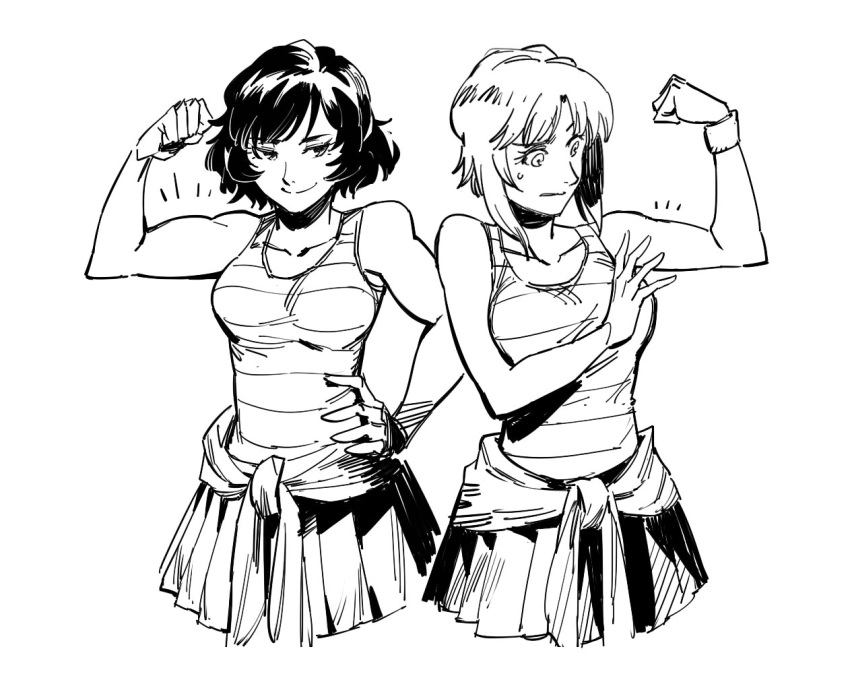 2girls biceps breasts character_request closed_mouth clothes_around_waist cowboy_shot flexing girls_und_panzer hand_on_hip jacket_around_waist medium_breasts multiple_girls notice_lines pleated_skirt pose red_shirt ruukii_drift shirt short_hair skirt smile smug sweatdrop toned wristband