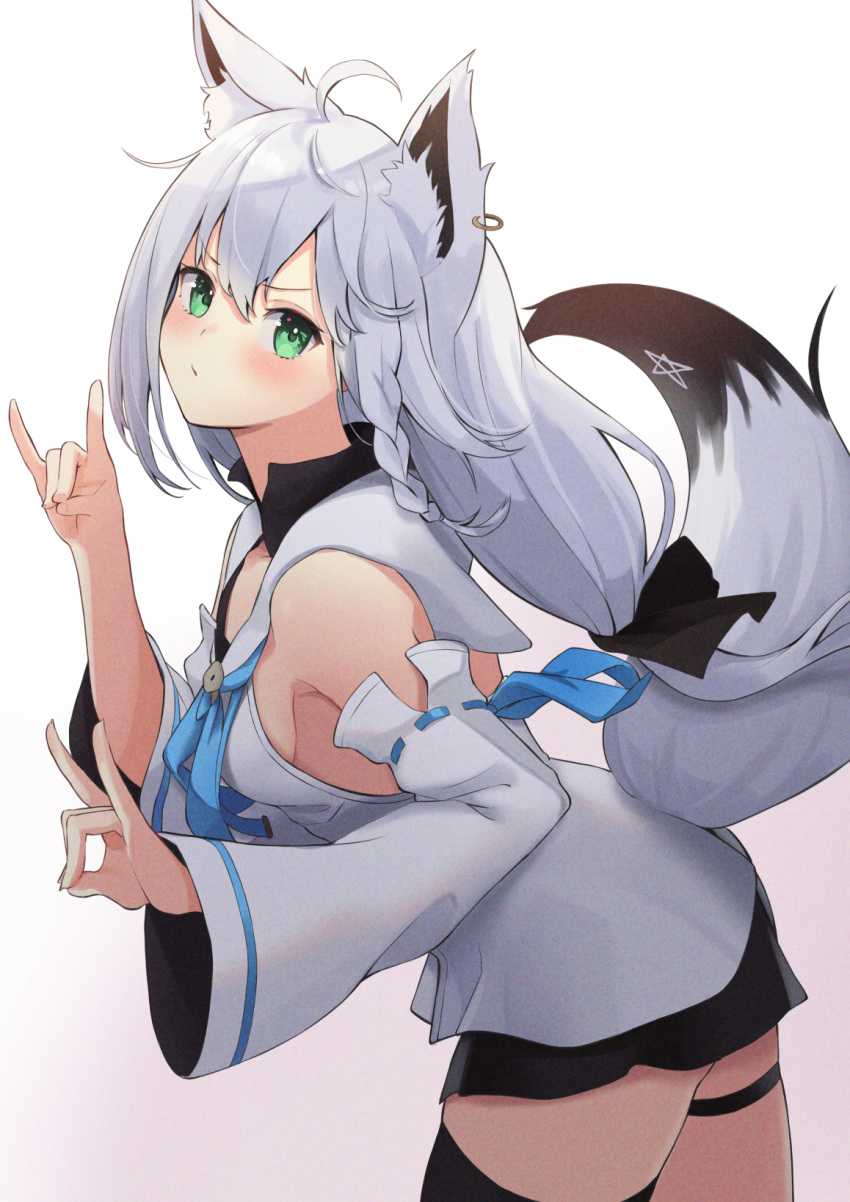 1girl :/ ahoge animal_ear_fluff animal_ears bangs black_legwear black_shorts blush braid breasts commentary detached_sleeves earrings eyebrows_visible_through_hair fox_ears fox_girl fox_shadow_puppet fox_tail from_side green_eyes highres hololive jewelry leaning_forward long_hair long_sleeves looking_at_viewer low_ponytail pout shirakami_fubuki short_shorts shorts side_braid sideboob sidelocks single_braid single_thighhigh small_breasts solo standing tail thigh-highs thigh_strap virtual_youtuber wide_sleeves yudetama