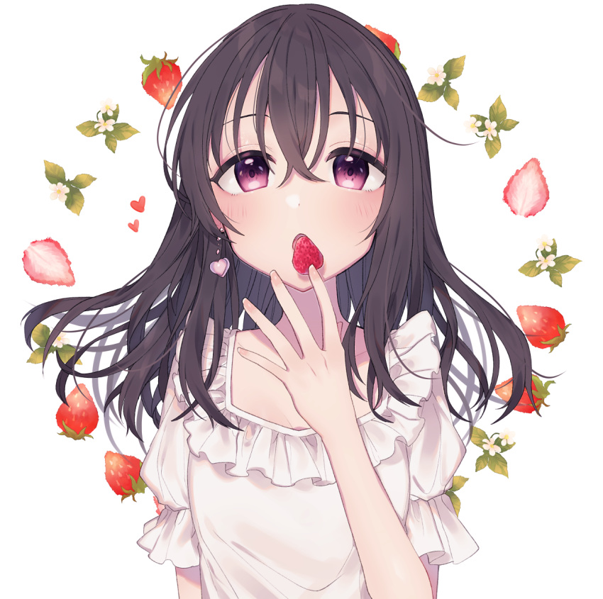 1girl bangs black_hair blush breasts brown_eyes collarbone commentary_request dress earrings food fruit fujiwara_hajime hair_between_eyes highres idolmaster idolmaster_cinderella_girls jewelry long_hair looking_at_viewer medium_breasts minamiya_mia short_sleeves solo strawberry white_dress