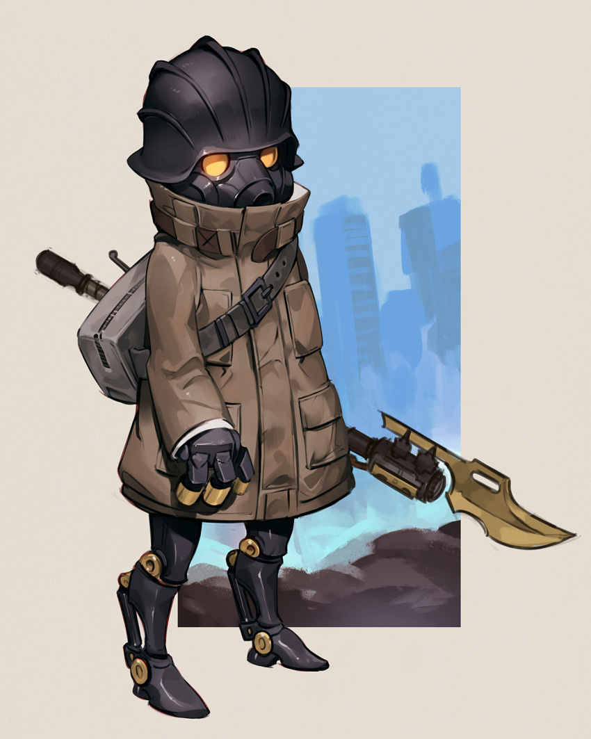 1other bag brown_coat building coat gas_mask grey_bag helmet highres holding holding_spear holding_weapon jiro_(ninetysix) original polearm robot scratches silhouette sketch sleeves_past_wrists spear standing weapon