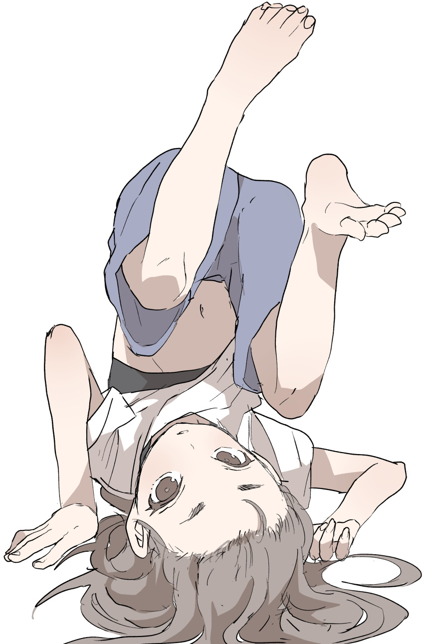 1girl absurdres barefoot blue_shorts brown_eyes brown_hair commentary_request forehead full_body headstand highres looking_at_viewer original parted_lips shirt shirt_lift short_sleeves shorts simple_background soles solo white_background white_shirt yamamoto_souichirou