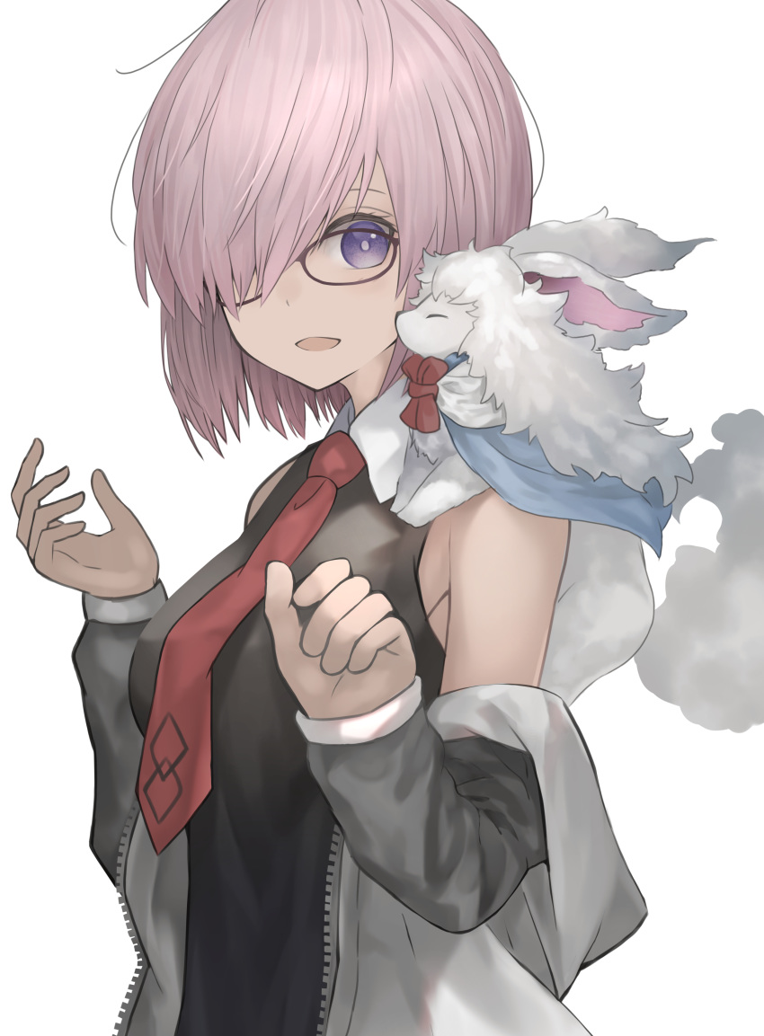 1girl absurdres animal_on_shoulder bangs bao_lan bare_shoulders black_dress blush breasts commentary_request dress eyebrows_visible_through_hair fate/grand_order fate_(series) fou_(fate/grand_order) glasses hair_over_one_eye highres large_breasts lavender_hair looking_at_viewer mash_kyrielight necktie off-shoulder_jacket open_mouth red_neckwear short_hair simple_background sleeveless sleeveless_dress smile violet_eyes white_background