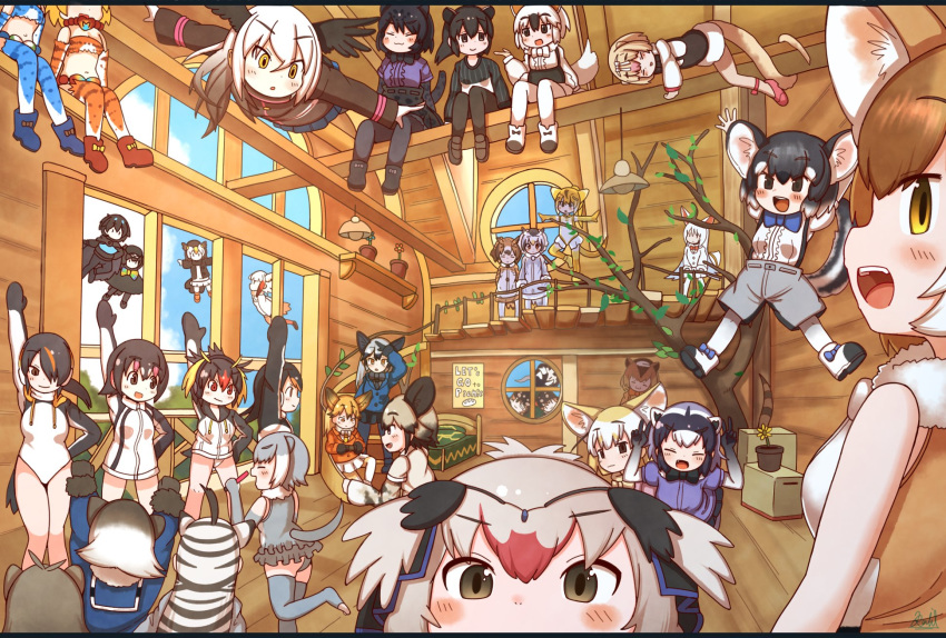 6+girls closed_eyes common_raccoon_(kemono_friends) day dhole_(kemono_friends) facing_another fennec_(kemono_friends) fisheye floating highres indoors kemono_friends kemono_friends_3 looking_at_another looking_at_viewer multicolored_hair multiple_girls ostrich_(kemono_friends) plains_zebra_(kemono_friends) rakugakiraid sitting small-clawed_otter_(kemono_friends) standing window