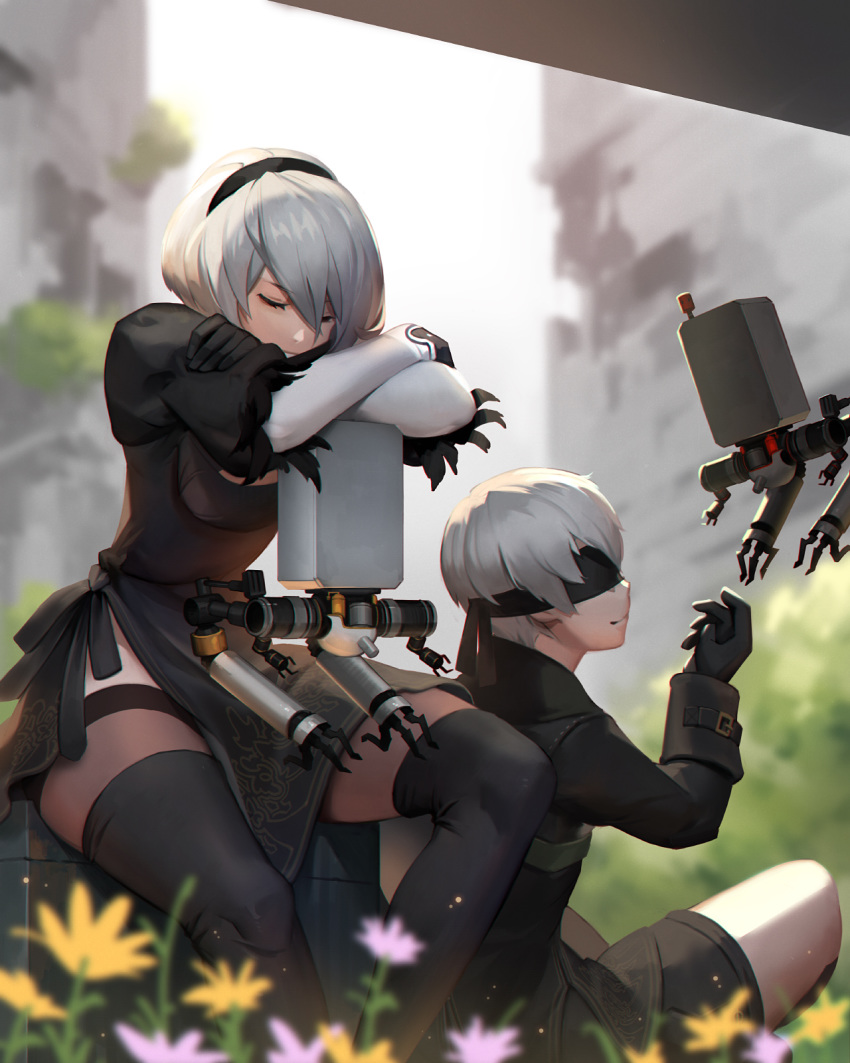 1boy 1girl android black_blindfold black_gloves black_hairband black_legwear black_shorts blindfold blurry blurry_background building cleavage_cutout closed_eyes closed_mouth feather_trim floating flower gloves hair_between_eyes hairband highres jiro_(ninetysix) leaning leaning_forward nier_(series) nier_automata pink_flower plant pod_(nier_automata) puffy_sleeves robot ruins see-through short_hair shorts sitting smile thigh-highs white_hair yellow_flower yorha_no._2_type_b yorha_no._9_type_s