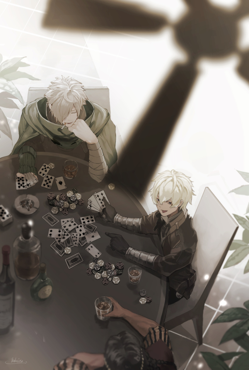 3boys alcohol ashtray bandaged_arm bandages big_eye billy_the_kid_(fate/grand_order) black_gloves black_hair blurry bottle braid card ceiling_fan chair cigarette cloak closed_eyes cup dark_skin dark_skinned_male deck elbows_on_table fan fate_(series) fingernails geronimo_(fate/grand_order) glint gloves green_cloak hair_between_eyes hair_over_one_eye hakoito half-closed_eyes highres holding holding_card holding_cup long_hair male_focus multiple_boys parted_lips plant playing_card playing_games pointing poker_chip potted_plant robin_hood_(fate) signature sitting sleeves_rolled_up smile table tongue torn_cloak torn_clothes vambraces