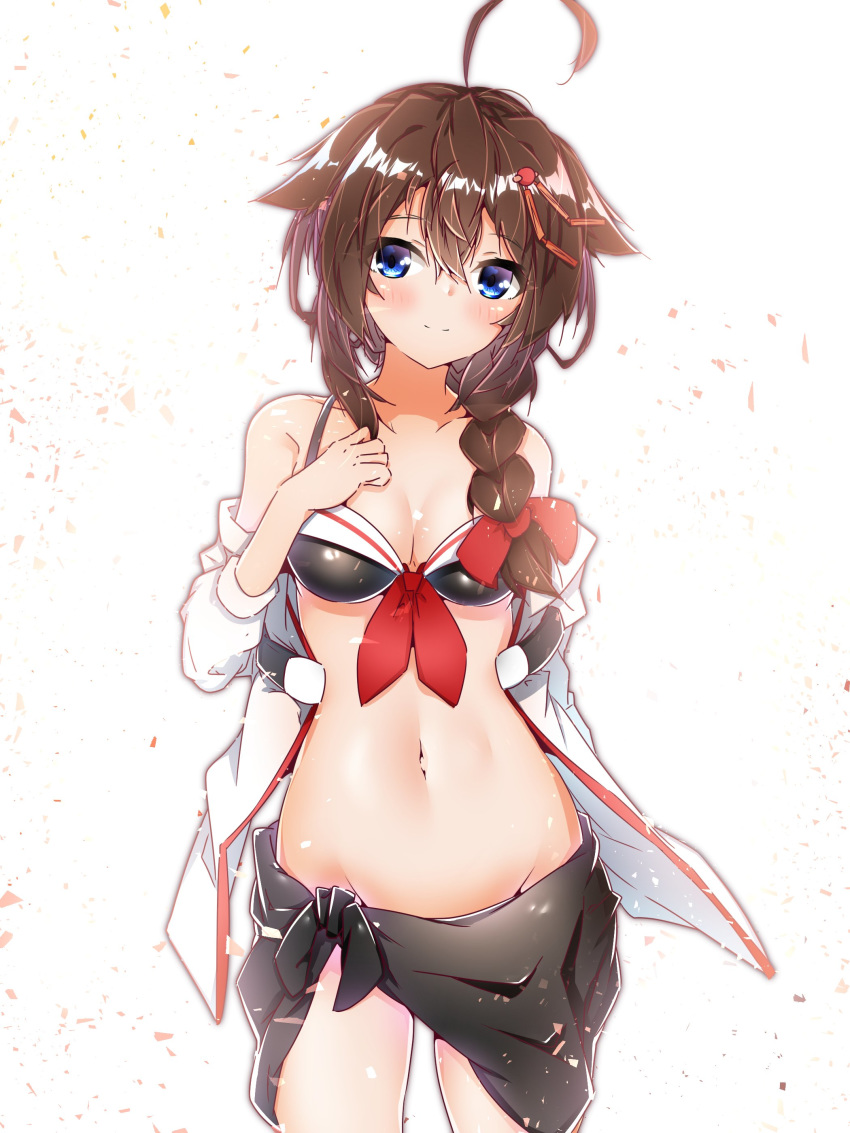 1girl absurdres adapted_costume ahoge bikini black_bikini braid breasts brown_eyes brown_hair cowboy_shot cute diomedea groin hair_between_eyes hair_flaps harukawa_(hal501) highres jacket kadokawa_games kantai_collection long_hair medium_breasts navel open_clothes open_jacket remodel_(kantai_collection) sailor_bikini sailor_collar shigure_(kantai_collection) single_braid smile solo swimsuit white_jacket