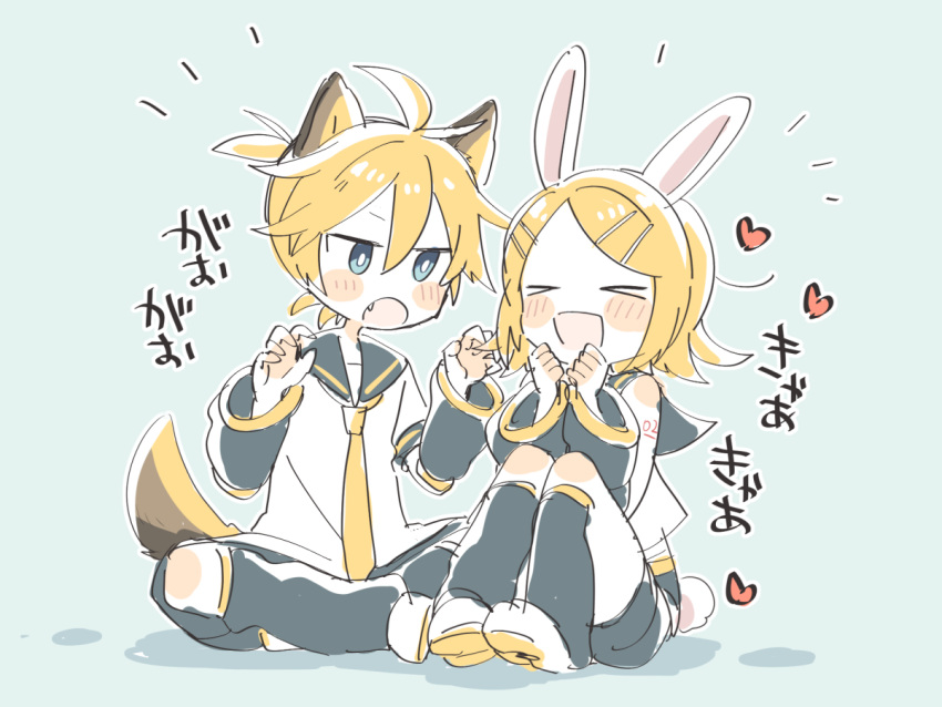 &gt;_&lt; 1boy 1girl animal_ears arm_warmers bangs bare_shoulders black_collar black_shorts black_sleeves blonde_hair blue_eyes bow bunny_tail claw_pose collar commentary crop_top crossed_legs detached_sleeves fox_ears fox_tail hair_bow hands_together heart indian_style kagamine_len kagamine_rin knees_up leg_warmers looking_at_viewer necktie open_mouth rabbit_ears sailor_collar school_uniform shirt short_hair short_ponytail short_shorts short_sleeves shorts shoulder_tattoo sitting sleeveless sleeveless_shirt smile spiky_hair squee suzumi_(fallxalice) swept_bangs tail tattoo translated vocaloid white_footwear white_shirt yellow_neckwear