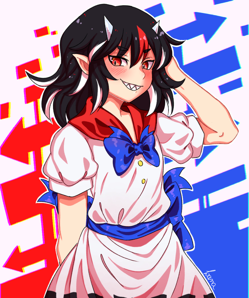 1girl black_hair bow directional_arrow dress hair_between_eyes highres horns kijin_seija lanalopez92 medium_hair multicolored_hair red_eyes redhead shirt skirt solo streaked_hair touhou white_dress white_hair white_shirt