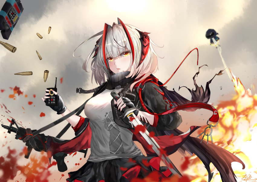 1girl 1other 60yifenzhi1deqiji arknights bangs black_gloves black_jacket black_skirt breasts bullet clouds cloudy_sky commentary doctor_(arknights) eyebrows_visible_through_hair fingerless_gloves gloves grey_scarf grey_shirt gun highres holding holding_sword holding_weapon horns jacket long_sleeves looking_at_viewer medium_breasts open_clothes open_jacket outdoors parted_lips reverse_grip scarf shirt short_hair signature silver_hair skirt sky sword upper_body w_(arknights) weapon yellow_eyes