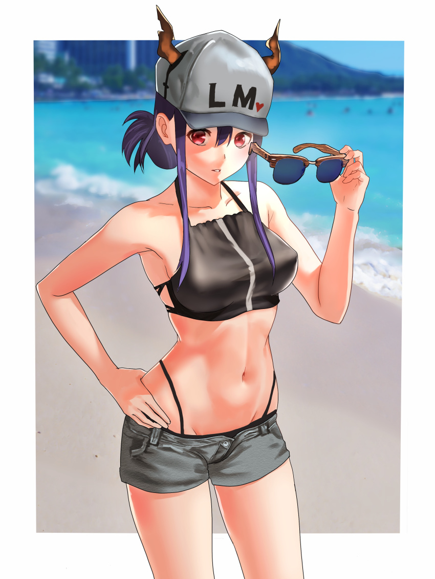 1girl absurdres alternate_hairstyle arknights bangs bare_arms bare_shoulders baseball_cap beach bikini black_bikini blue_hair blurry blurry_background border breasts ch'en_(arknights) commentary_request cowboy_shot dragon_horns folded_ponytail grey_shorts groin hair_between_eyes hand_on_hip hand_up hat heart highleg highleg_bikini highres holding holding_eyewear horns kevala0513 long_hair looking_at_viewer medium_breasts navel ocean outdoors outside_border parted_lips red_eyes short_shorts shorts sidelocks solo standing stomach sunglasses swimsuit thighs water white_border