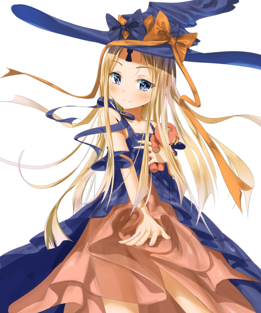 1girl abigail_williams_(fate/grand_order) bangs bare_shoulders black_bow black_dress black_headwear blonde_hair blue_eyes blush bow breasts collarbone dress fate/grand_order fate_(series) forehead hair_bow hat highres keyhole long_hair looking_at_viewer multiple_bows orange_bow orange_dress parted_bangs sakazakinchan simple_background small_breasts smile solo stuffed_animal stuffed_toy teddy_bear thighs two-tone_dress white_background witch_hat