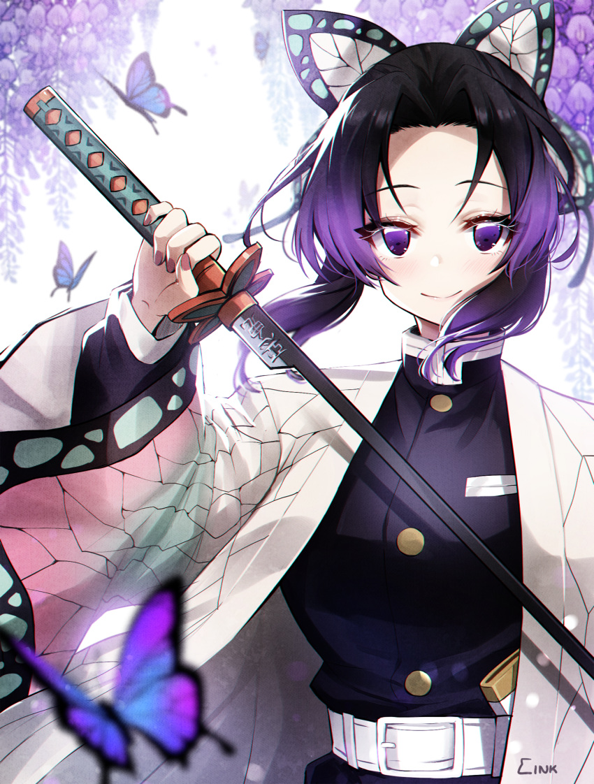 1girl ankkoyom artist_name bangs belt black_hair breasts bug butterfly butterfly_hair_ornament commentary_request gradient_hair hair_ornament haori highres holding insect japanese_clothes katana kimetsu_no_yaiba kochou_shinobu long_sleeves looking_at_viewer multicolored_hair parted_bangs pink_nails purple_hair short_hair_with_long_locks smile solo sword violet_eyes weapon white_belt