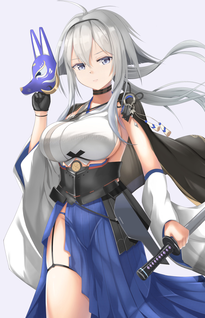 1girl absurdres animal_ears antenna_hair azur_lane bangs bare_shoulders black_capelet black_choker black_gloves black_hairband blue_eyes blue_panties blue_skirt breasts capelet choker collarbone commentary cowboy_shot crop_top detached_sleeves eyebrows_behind_hair fox_ears fox_mask garter_straps gloves grey_background groin hair_between_eyes hairband hakama_skirt hand_up highres holding holding_mask holding_sword holding_weapon japanese_clothes katana kimono large_breasts long_hair long_skirt looking_at_viewer mask mask_removed pankiji panties sakuramon side_slit sideboob sidelocks silver_hair simple_background single_glove skirt sleeveless sleeveless_kimono smile solo standing sword tassel thigh_strap tosa_(azur_lane) underwear weapon white_kimono white_sleeves wide_sleeves