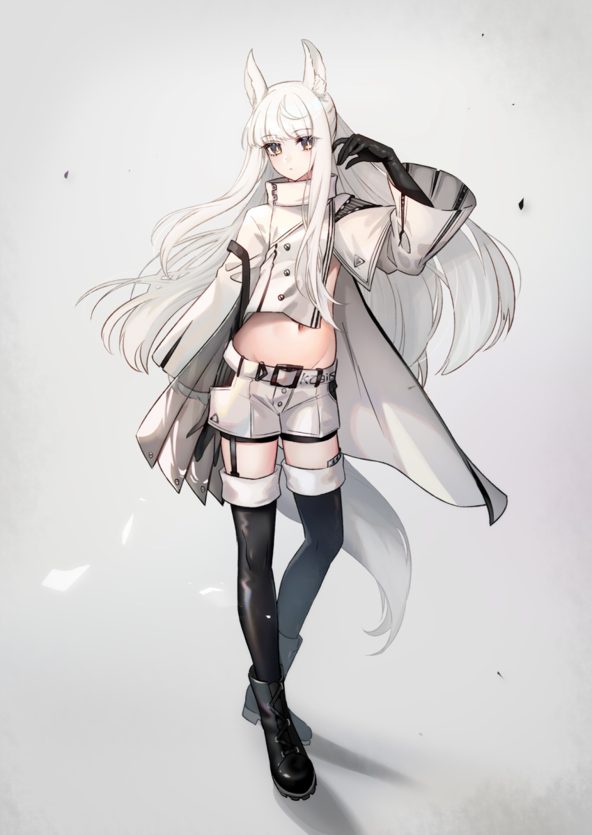 1girl animal_ear_fluff animal_ears arknights arm_up black_footwear black_gloves black_legwear boots coat crop_top full_body garter_straps gloves groin highres long_hair looking_at_viewer midriff navel platinum_(arknights) shadow short_shorts shorts solo standing thigh-highs very_long_hair white_coat white_hair white_shorts yuura