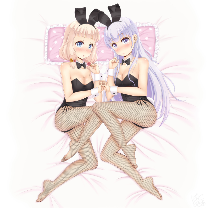 2girls absurdres animal_ears bed black_leotard black_neckwear blonde_hair blue_eyes bow bowtie bunny_girl bunny_tail bunnysuit detached_collar fishnet_legwear fishnets hair_down highres holding_hands leotard long_hair looking_at_viewer low_twintails lying multiple_girls new_game! on_side pantyhose pillow purple_hair rabbit_ears sainohikari sakura_nene strapless strapless_leotard suzukaze_aoba tail twintails violet_eyes wrist_cuffs