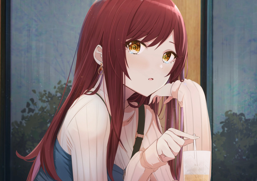 1girl :o bag bangs blue_dress brown_eyes brown_hair commentary crying crying_with_eyes_open cup dress drinking_straw earrings eyebrows_visible_through_hair hand_on_own_chin handbag highres ice ice_cube idolmaster idolmaster_shiny_colors jewelry long_hair looking_at_viewer oosaki_amana original plant ribbed_sweater ryouta_(ryouta335) sidelocks sweater swept_bangs tears white_sweater window