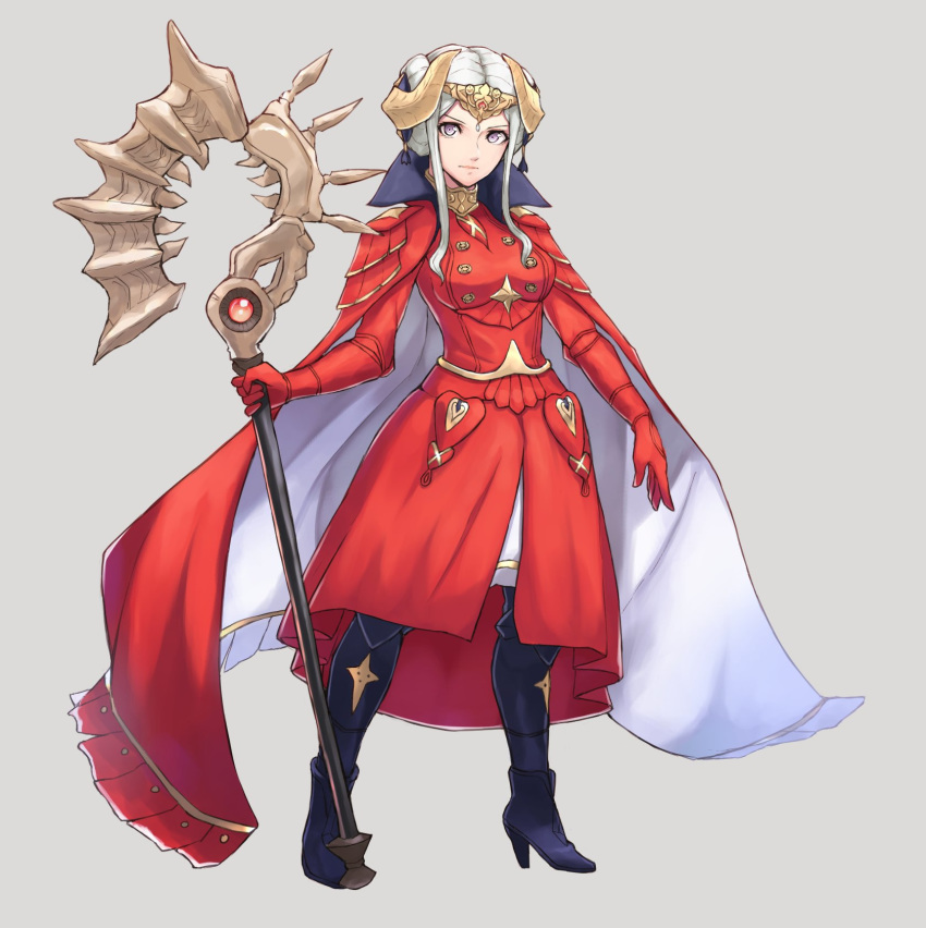 1girl axe cape closed_mouth edelgard_von_hresvelg fire_emblem fire_emblem:_three_houses full_body grey_background grimmelsdathird headpiece high_heels highres holding holding_axe horns simple_background solo violet_eyes white_hair