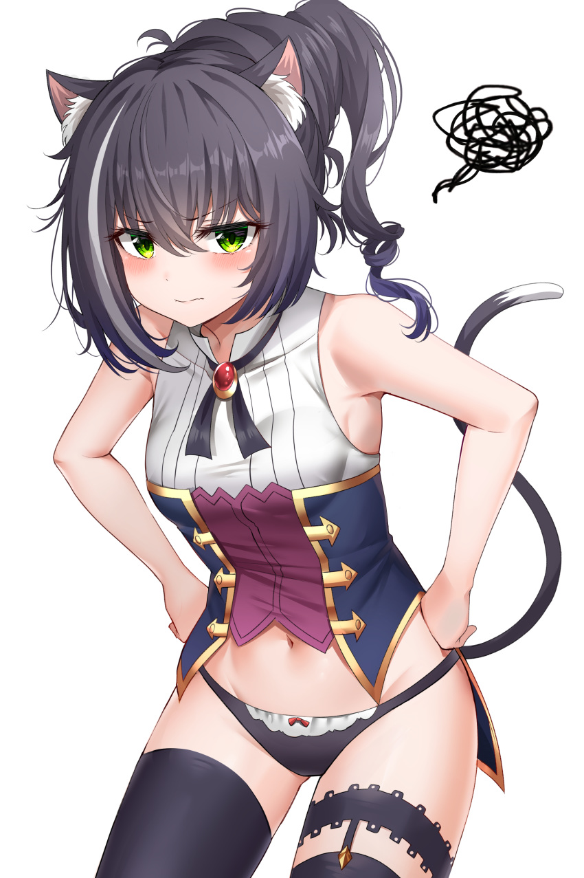 1girl absurdres animal_ear_fluff animal_ears armpits bare_arms bare_shoulders black_hair black_legwear black_neckwear black_panties breasts brooch cat_ears cat_girl cat_tail cowboy_shot green_eyes groin hands_on_hips highres jewelry kyaru_(princess_connect) long_hair looking_at_viewer multicolored_hair navel neck_ribbon no_pants panties ponytail princess_connect! princess_connect!_re:dive ribbon shirt sleeveless sleeveless_shirt small_breasts solo squiggle streaked_hair sunhyun tail tail_raised thigh-highs underwear