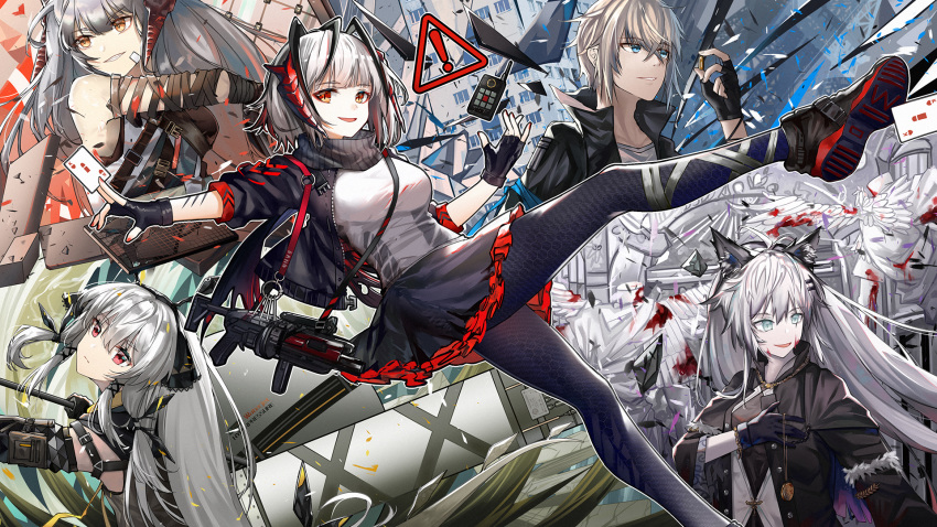 1boy 4girls animal_ears antenna_hair aqua_eyes arknights bare_shoulders black_footwear black_gloves black_jacket black_legwear black_skirt breasts brown_eyes detached_sleeves detonator executor_(arknights) fingerless_gloves frilled_skirt frills gloves grenade_launcher grin gun high_collar highres horns jacket lappland_(arknights) large_breasts long_hair looking_at_viewer miniskirt multiple_girls nail_polish open_clothes open_jacket outstretched_arm pantyhose red_eyes red_nails rifle rock saria_(arknights) shirt shoes short_hair sign skirt smile statue strap w_(arknights) warning_sign weapon weedy_(arknights) white_shirt wings wolf_ears yuuki_mix