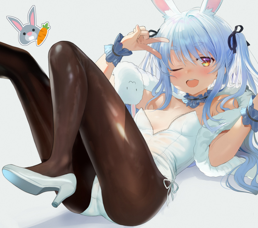 1girl ;d absurdres alternate_hairstyle animal_ears ass blue_hair breasts brown_legwear bunny_girl bunnysuit choker extra_ears feather_boa frilled_choker frills hair_ribbon hand_up high_heels highres hololive knees_up leg_up leotard long_hair looking_at_viewer one_eye_closed open_mouth orange_eyes pantyhose rabbit_ears reclining ribbon seicoh sidelocks small_breasts smile solo symbol-shaped_pupils thick_eyebrows twintails usada_pekora v virtual_youtuber white_footwear white_leotard wrist_cuffs