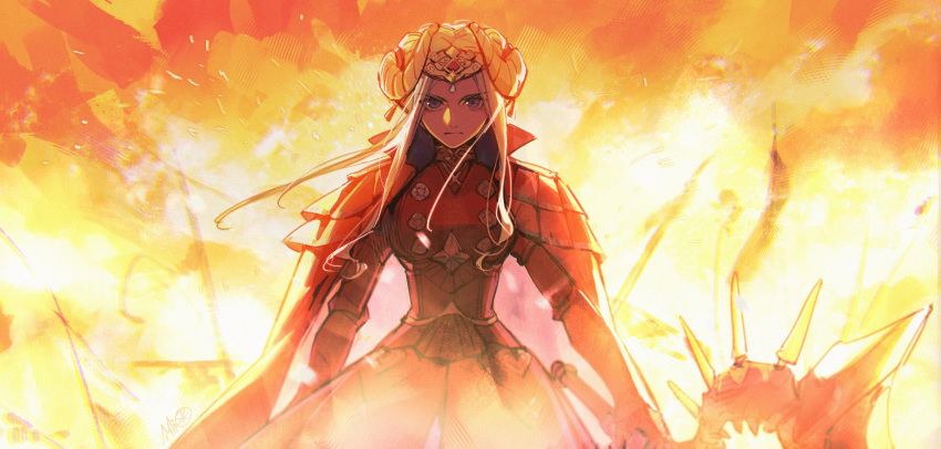 1girl alzi_xiaomi axe cape closed_mouth edelgard_von_hresvelg fire fire_emblem fire_emblem:_three_houses headpiece highres holding holding_axe horns solo violet_eyes white_hair